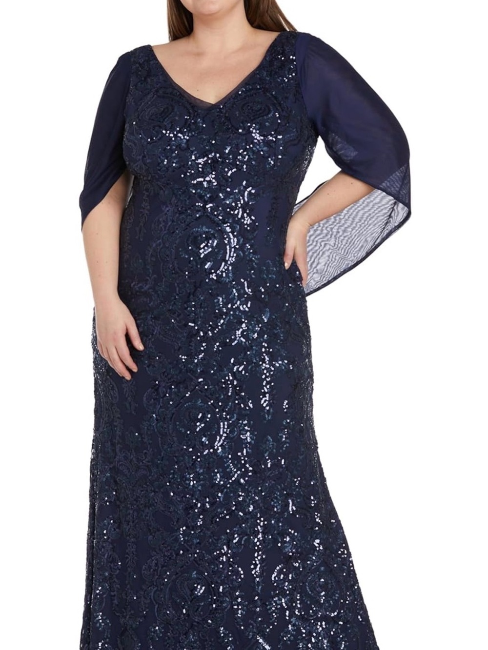 NWT R&M Richards Navy Beaded V-Neck Long Evening Gown with Drape Sleeves, 20W